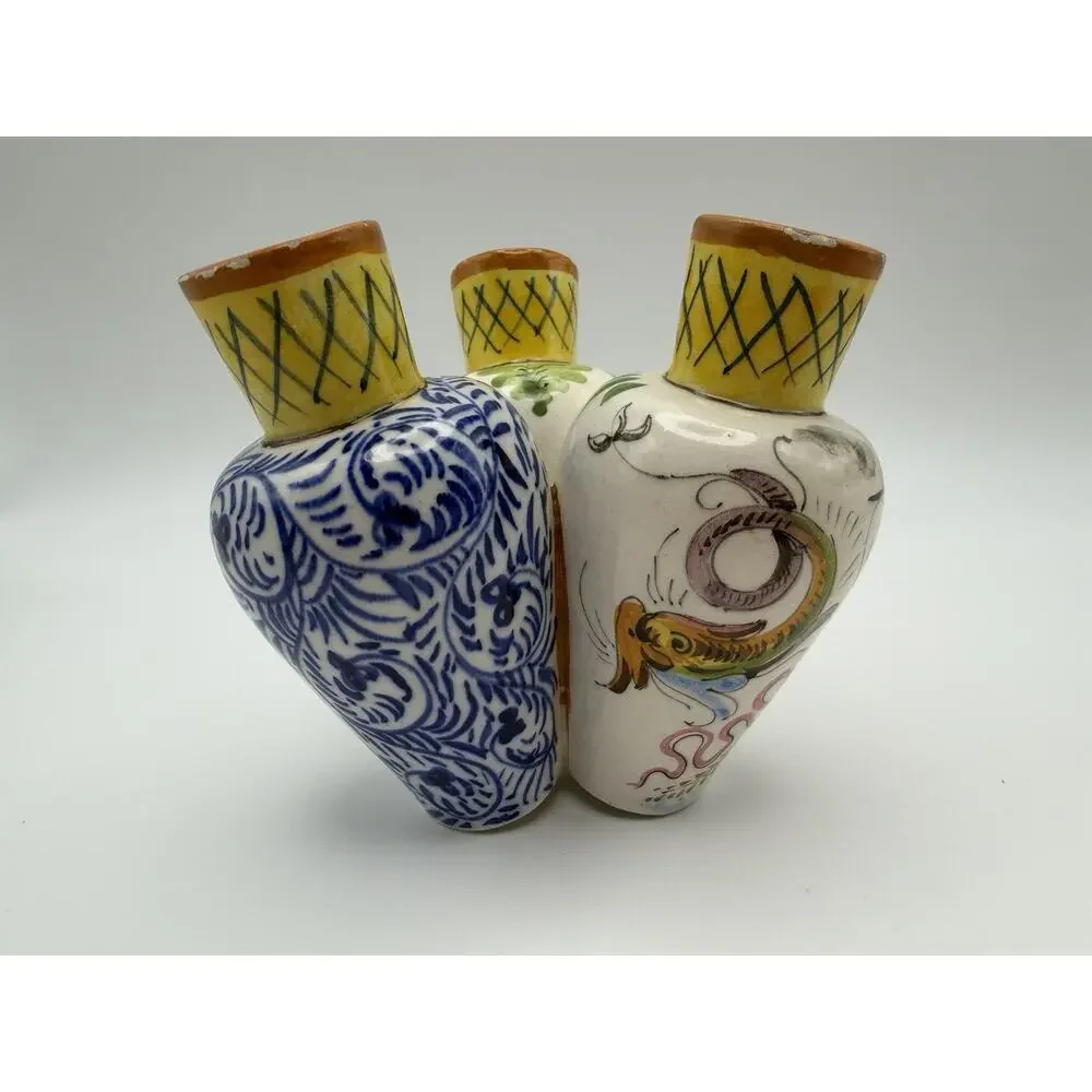 Mid-Century Modern Italian Pottery Hand Painted 3 Connected Cluster Vases